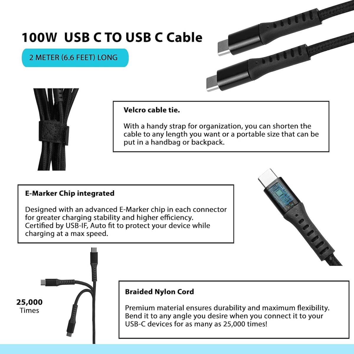 Amazon Brand - Solimo Type C to C 100W PD 5A Braided Data & Fast Charging Cable For iPad, MacBook, Other USB C Devices (2 Meter, Black)