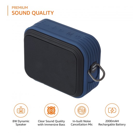 Airtree Bluetooth Speaker, 8W, Powerful Bass, BT 5.0, Up to 18hrs Playtime Noise Cancelling Mic Blue