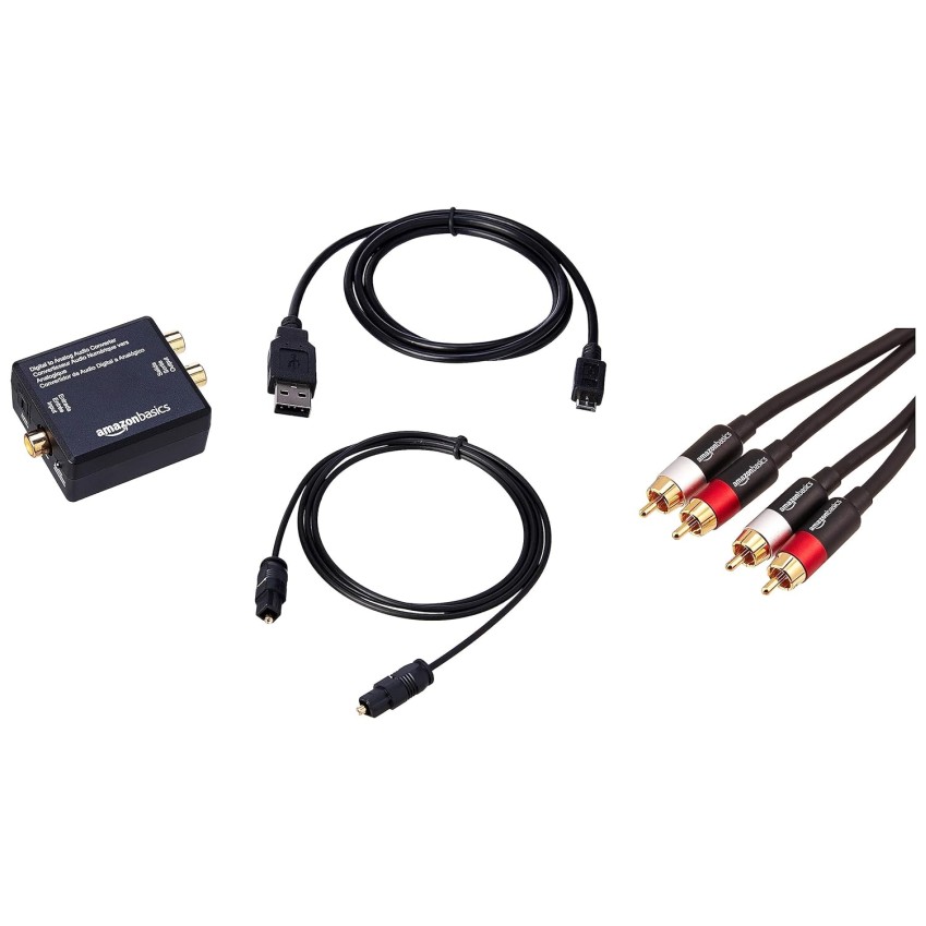 AmazonBasics Digital Optical Coax to Analog RCA Audio Converter Adapter with Fiber Cable & PBH-20216 2-Male to 2-Male RCA Audio Cable - 4 Feet (Black)
