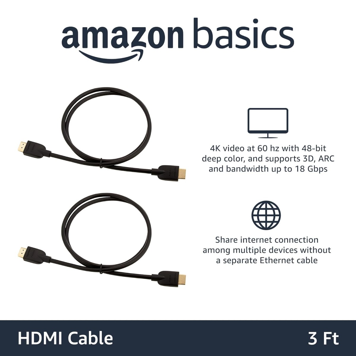 AmazonBasics High-Speed HDMI Cable,3 Feet (Black,2-Pack)-Supports Ethernet,3D,4K video