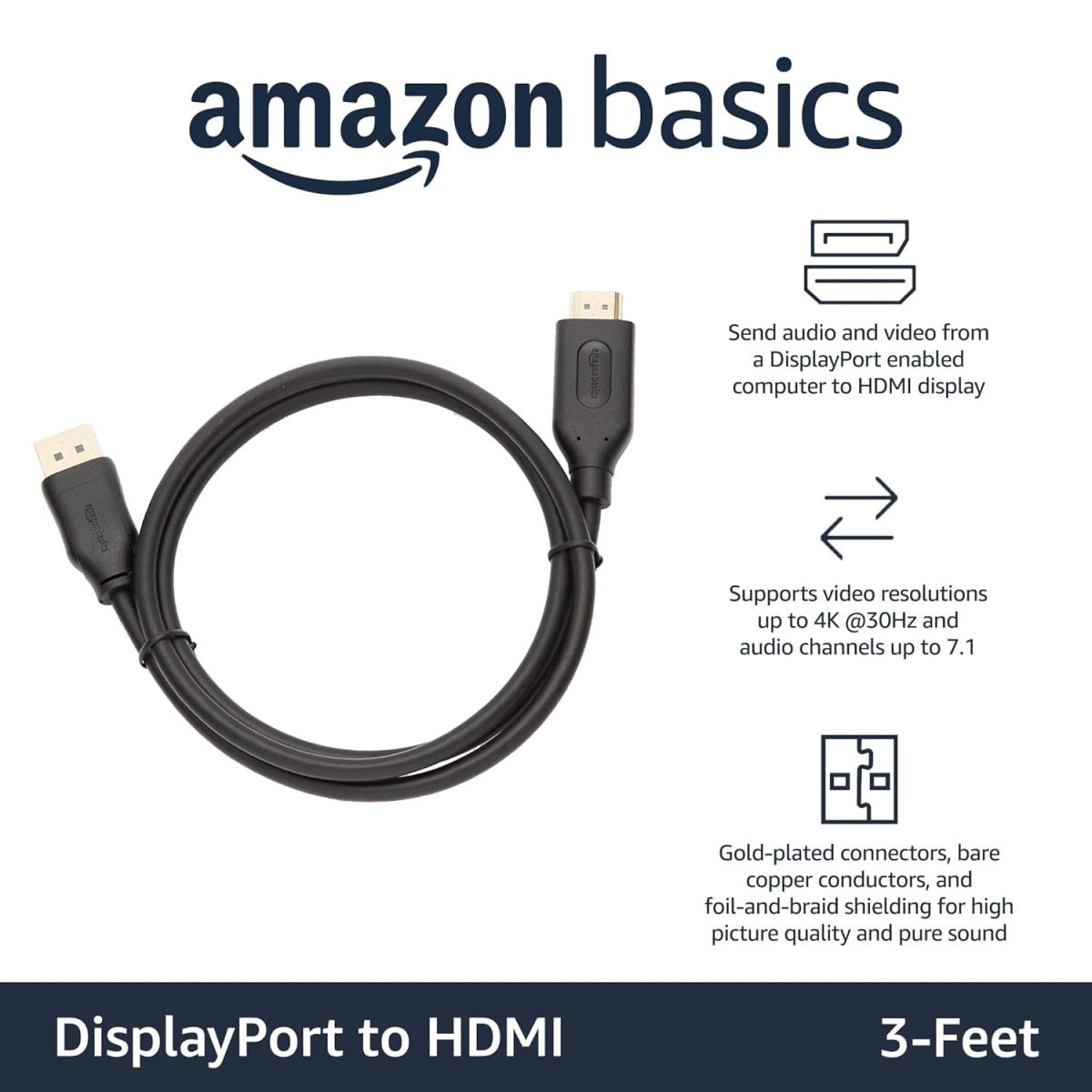 AmazonBasics Uni-Directional DisplayPort to HDMI Video Display Cable, 4K@30Hz - 3 Feet, Black - (Not Compatible with Mobile Phones)