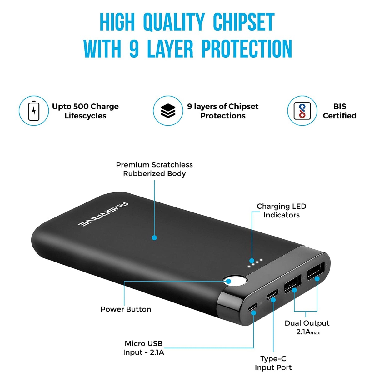 Ambrane 10000mAh Li-Polymer Powerbank with Fast Charging (PP-11, Black) refurbished