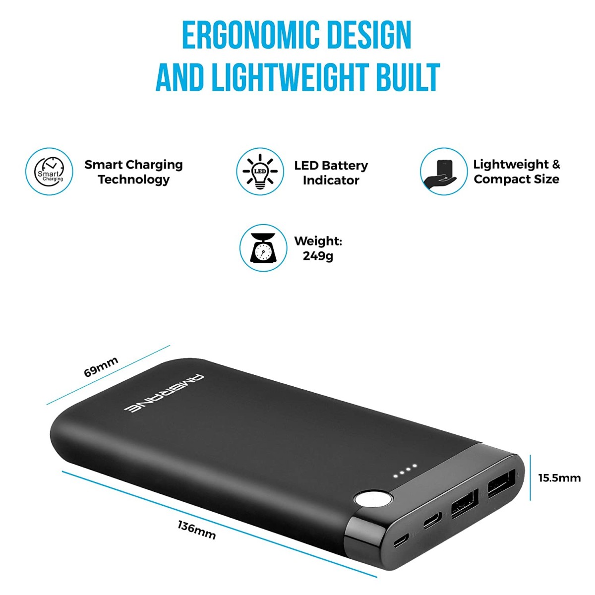 Ambrane 10000mAh Li-Polymer Powerbank with Fast Charging (PP-11, Black) refurbished