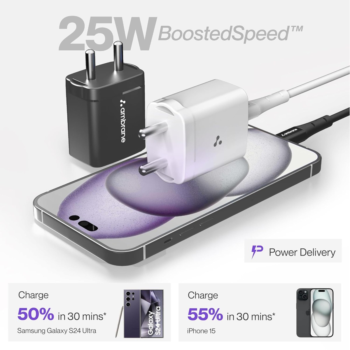 Ambrane 25W Type C Mobile Charger Adapter, Fast PPS Charging for Samsung Smartphones, iPhone