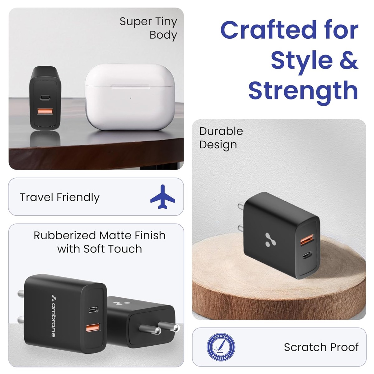 Ambrane 33W USB & Type-C Dual Port Fast Wall Charging Adapter with QC & PD Technology