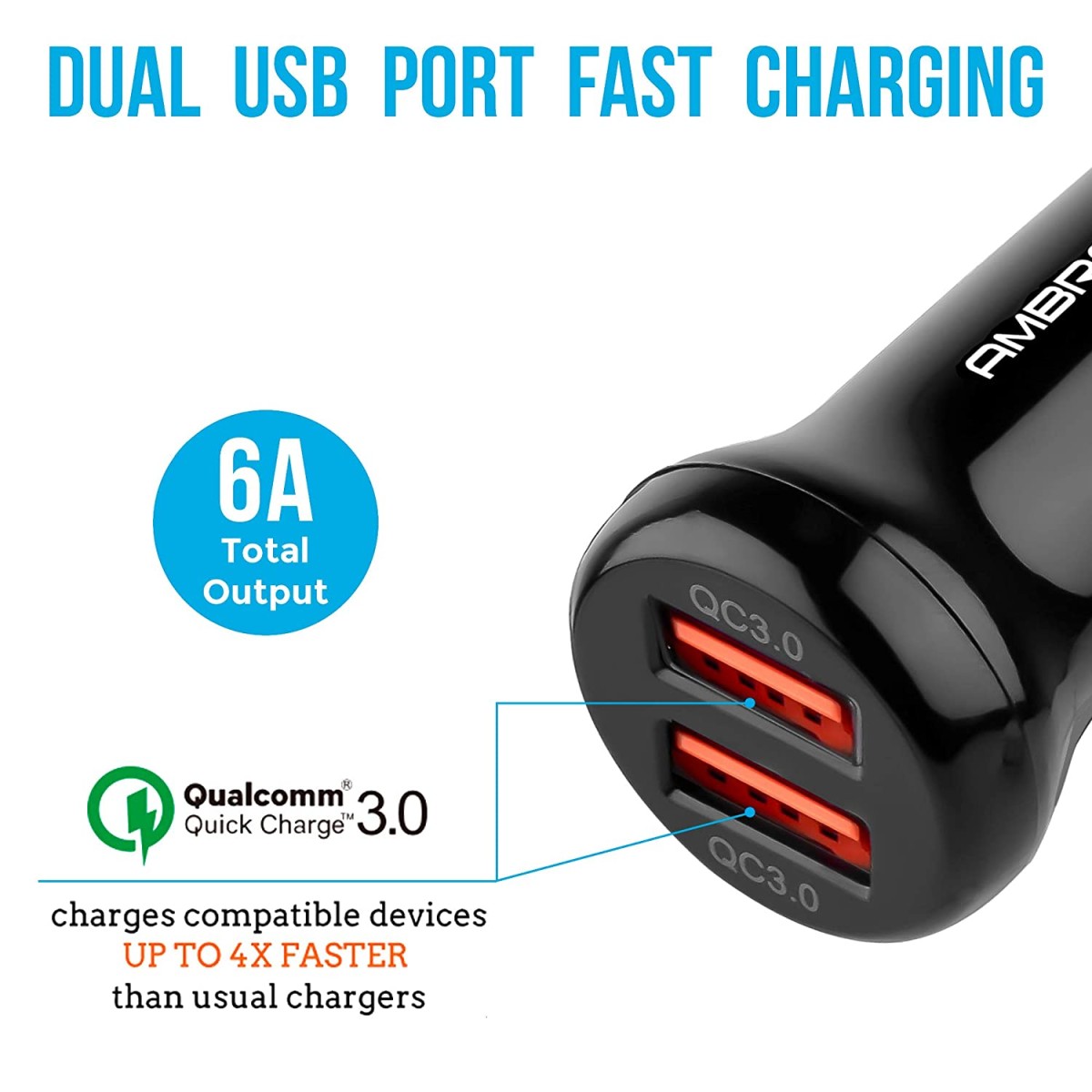 Ambrane 36W Fast Car Charger with Dual Output Quick Charge 3.0 Compatible with all Cars ACC29QC Black Ambrane 36W Fast Car Charger with Dual Output Quick Charge 3.0 Compatible with all Cars ACC29QC Black