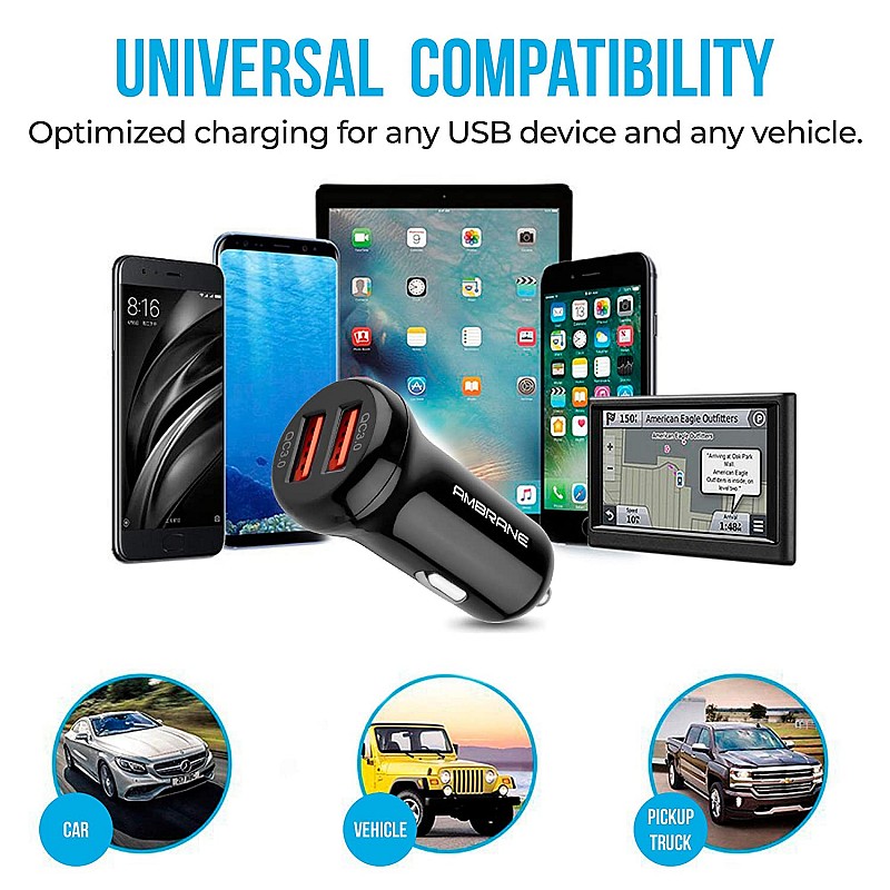 Ambrane 36W Fast Car Charger with Dual Output Quick Charge 3.0 Compatible with all Cars ACC29QC Black