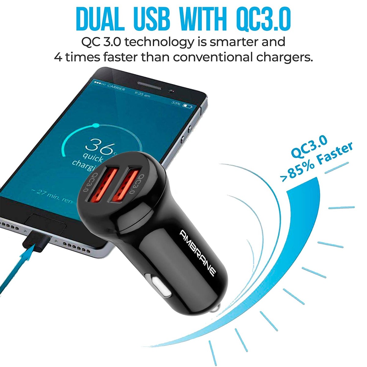 Ambrane 36W Fast Car Charger with Dual Output Quick Charge 3.0 Compatible with all Cars ACC29QC Black Ambrane 36W Fast Car Charger with Dual Output Quick Charge 3.0 Compatible with all Cars ACC29QC Black