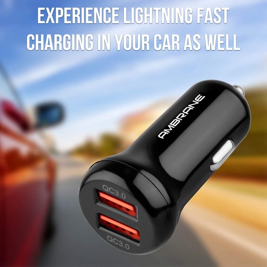 Ambrane 36W Fast Car Charger with Dual Output Quick Charge 3.0 Compatible with all Cars ACC29QC Black