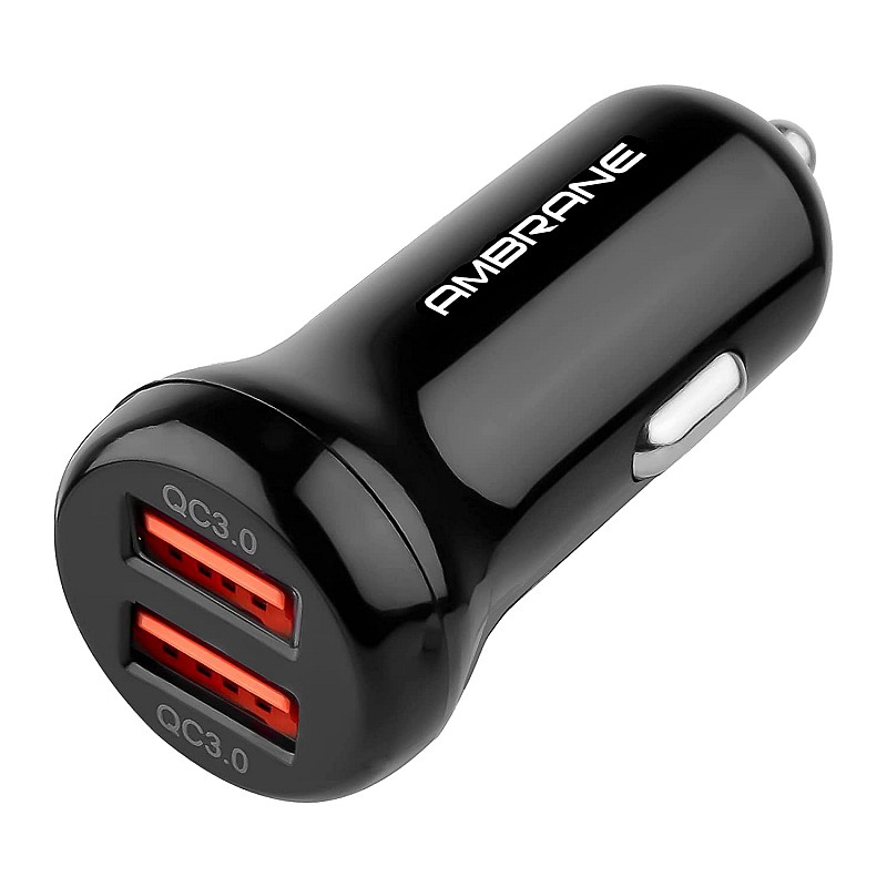 Ambrane 36W Fast Car Charger with Dual Output Quick Charge 3.0 Compatible with all Cars ACC29QC Black