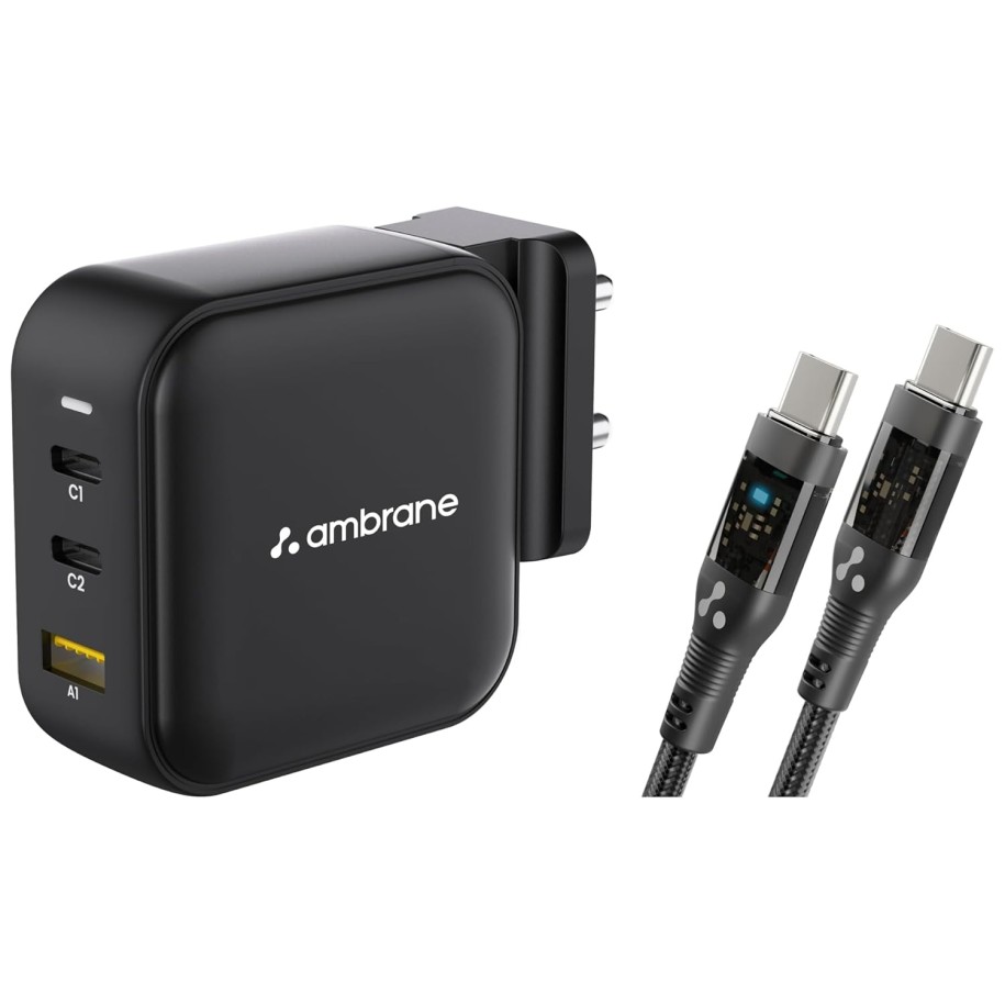 Ambrane 65W Charger Adapter, 3 Ports - 2 Type C & 1 USB for Samsung, Type C Laptops with Type C to C Premium Cable.