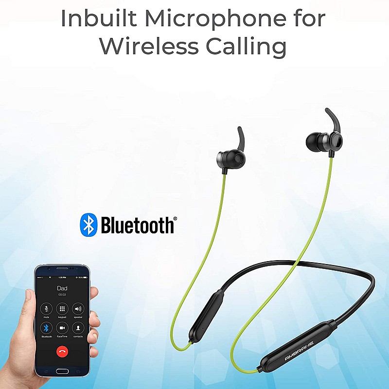 Ambrane Bluetooth Wireless Earphones with High Bass Stereo Sound 10 Hours Playtime Water Splash Proof inbuilt Mic ANB-33 Black Neon