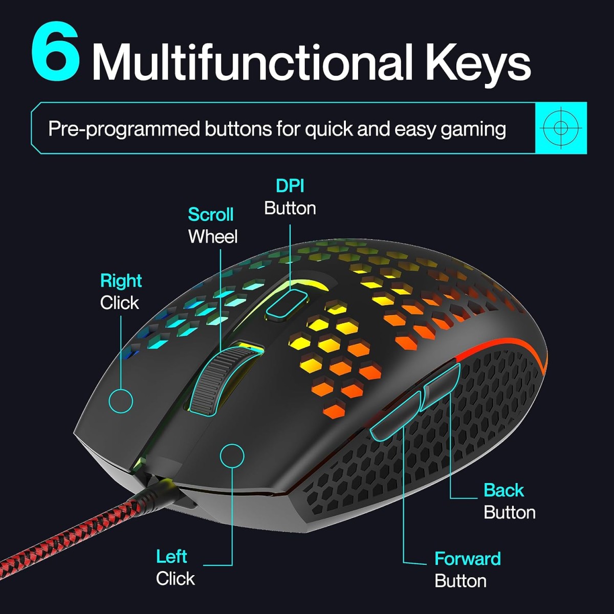 Ambrane Honeycomb Design Wired Gaming Mouse with 6 Programmable Buttons, 4-Speed Customizable 3600 DPI, Comfortable Grip, 7 Colors Breathing LED Light, 1.5m Long Cable, Lightweight (TroneX, Black)