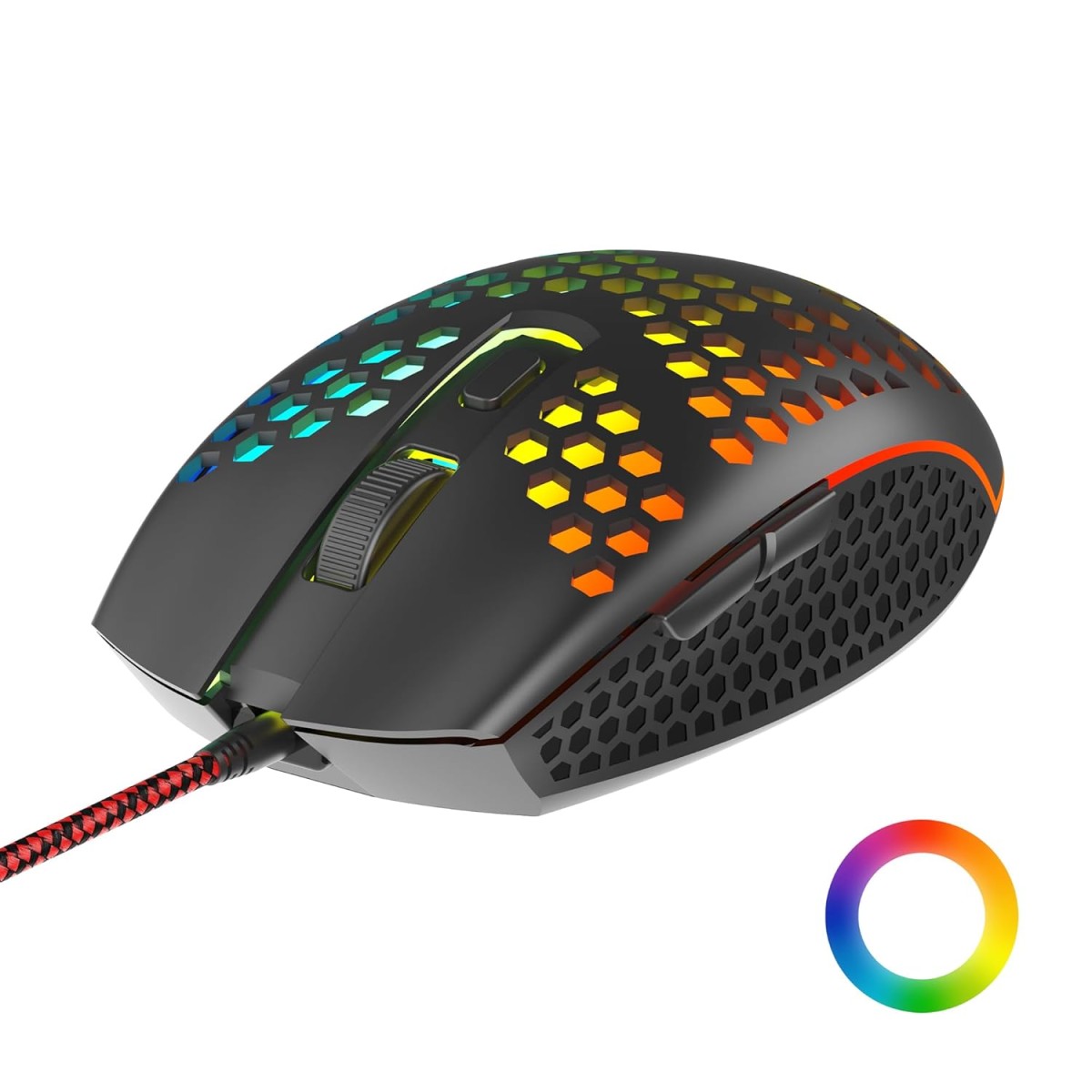 Ambrane Honeycomb Design Wired Gaming Mouse with 6 Programmable Buttons, 4-Speed Customizable 3600 DPI, Comfortable Grip, 7 Colors Breathing LED Light, 1.5m Long Cable, Lightweight (TroneX, Black)