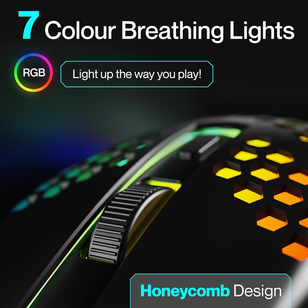Ambrane Honeycomb Design Wired Gaming Mouse with 6 Programmable Buttons, 4-Speed Customizable 3600 DPI, Comfortable Grip, 7 Colors Breathing LED Light, 1.5m Long Cable, Lightweight (TroneX, Black)