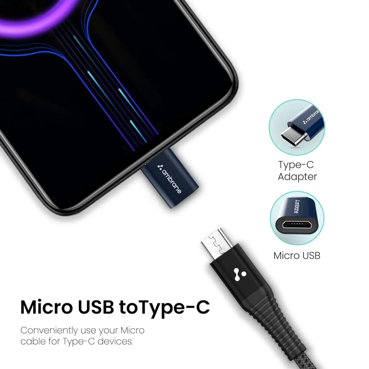 Ambrane Type-C to Micro USB OTG Adapter for 3A Fast Charging and Data Sync- Compatible with All Type-C Enabled Devices