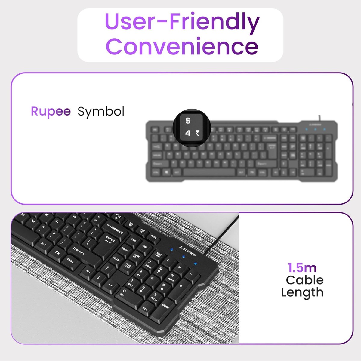 Ambrane Wired Keyboard, 104 Key with Membrane Switch Quick, 12Fn Shortcut Keys, Plug and Play USB Connection Compatible with PC, Mac, Laptop, Comfy and Ergonomically Design (Keyflex)