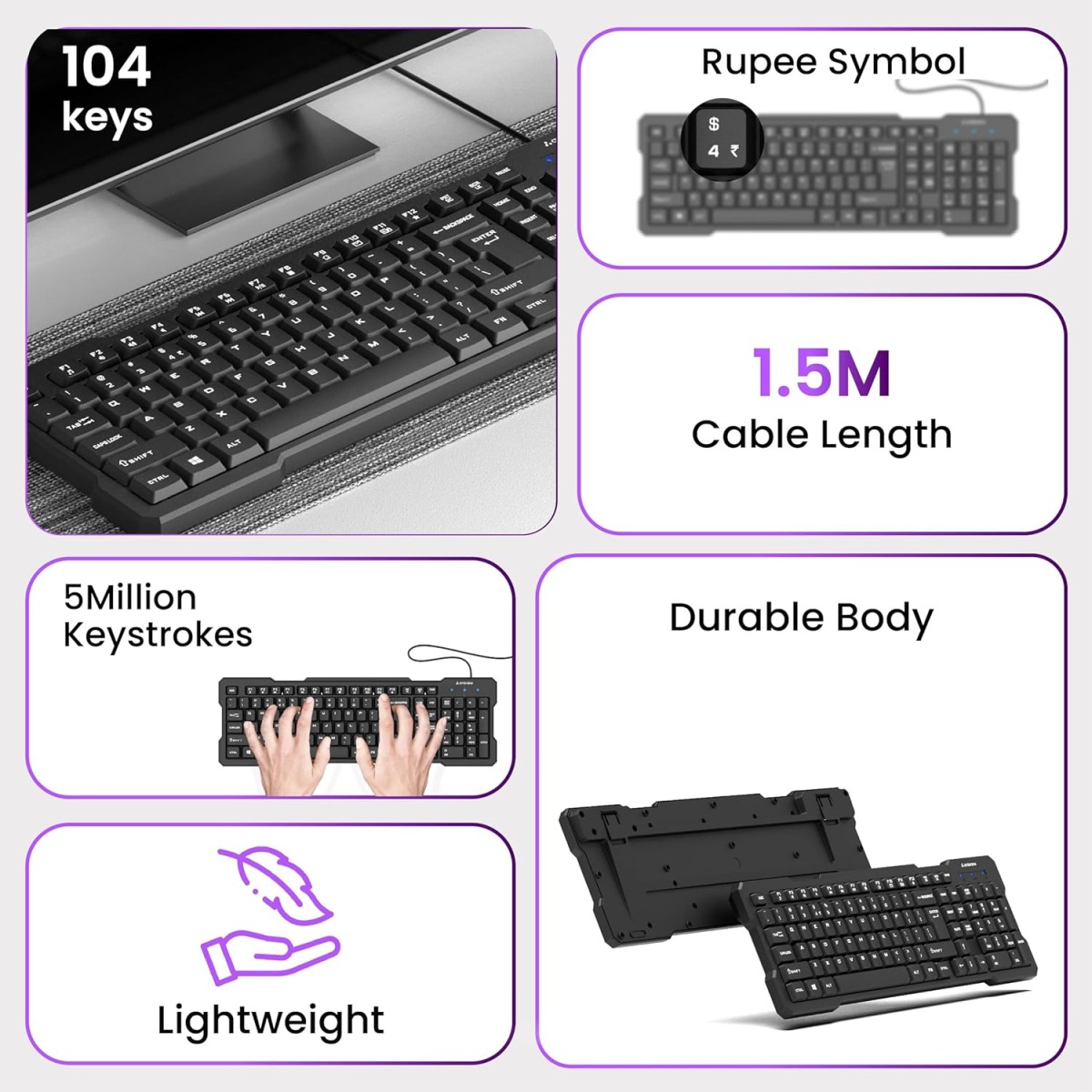 Ambrane Wired Keyboard, 104 Key with Membrane Switch Quick, 12Fn Shortcut Keys, Plug and Play USB Connection Compatible with PC, Mac, Laptop, Comfy and Ergonomically Design (Keyflex)
