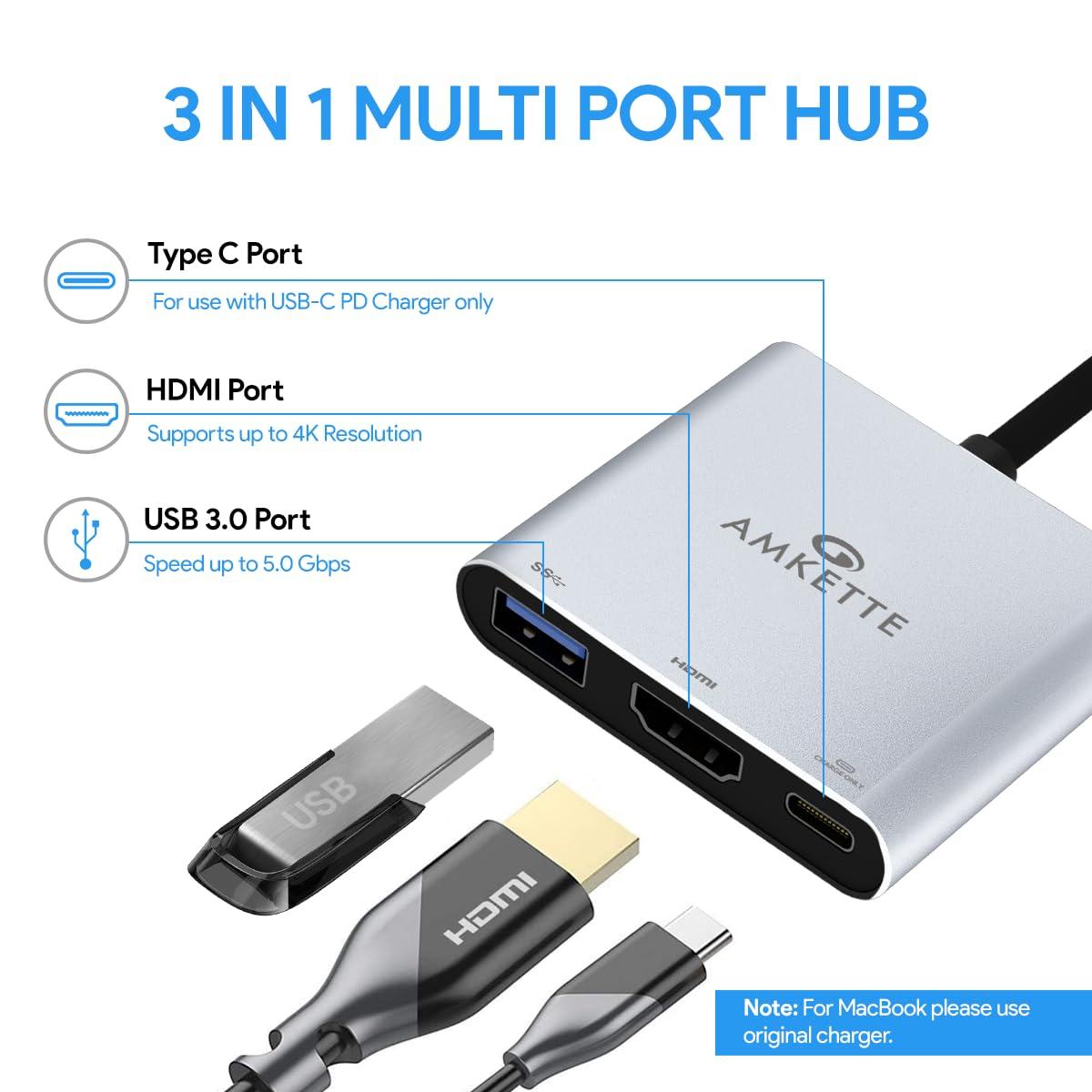 Amkette 3-in-1 Type C to HDMI Adapter, Multiport USB C Hub with 4K@30Hz, USB 3.0 @ 5Gbps, 100W PD Charging Port for Laptop, MacBook, PC and Other Type C Devices
