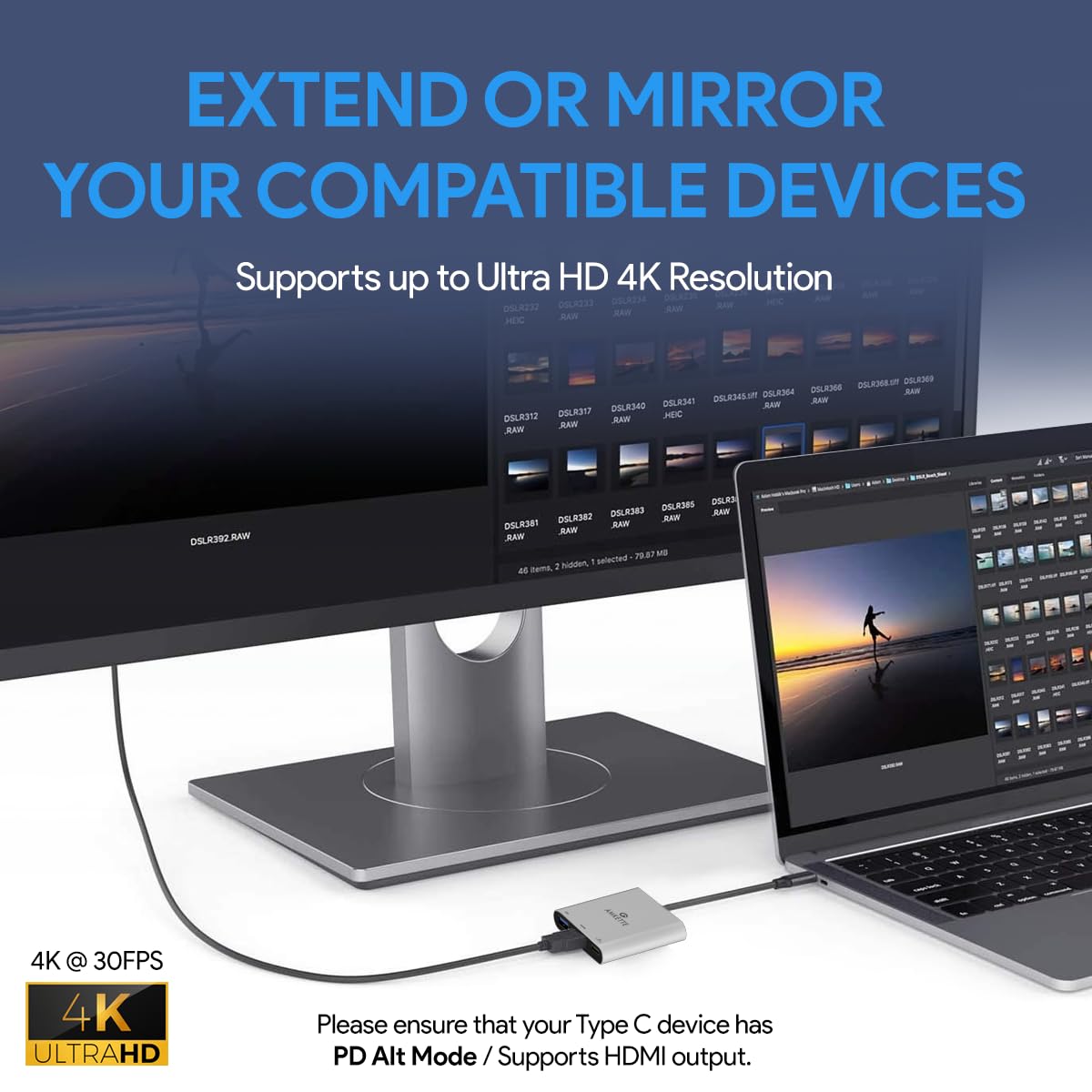 Amkette 3-in-1 Type C to HDMI Adapter, Multiport USB C Hub with 4K@30Hz, USB 3.0 @ 5Gbps, 100W PD Charging Port for Laptop, MacBook, PC and Other Type C Devices