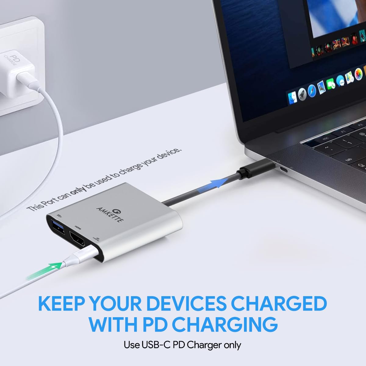 Amkette 3-in-1 Type C to HDMI Adapter, Multiport USB C Hub with 4K@30Hz, USB 3.0 @ 5Gbps, 100W PD Charging Port for Laptop, MacBook, PC and Other Type C Devices