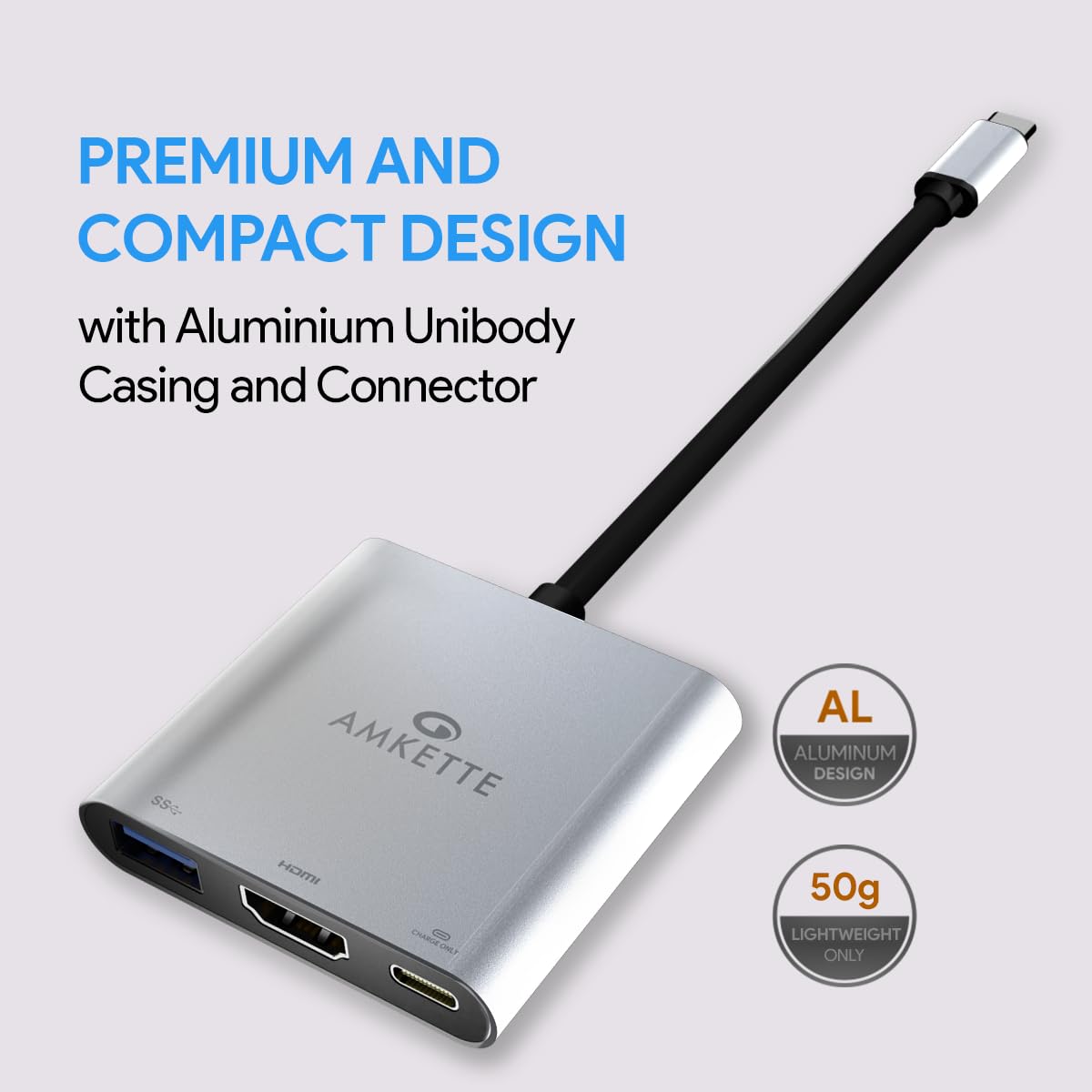 Amkette 3-in-1 Type C to HDMI Adapter, Multiport USB C Hub with 4K@30Hz, USB 3.0 @ 5Gbps, 100W PD Charging Port for Laptop, MacBook, PC and Other Type C Devices