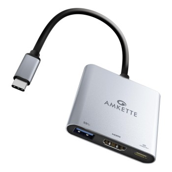 Amkette 3-in-1 Type C to HDMI Adapter, Multiport USB C Hub with 4K@30Hz, USB 3.0 @ 5Gbps, 100W PD Charging Port for Laptop, MacBook, PC and Other Type C Devices