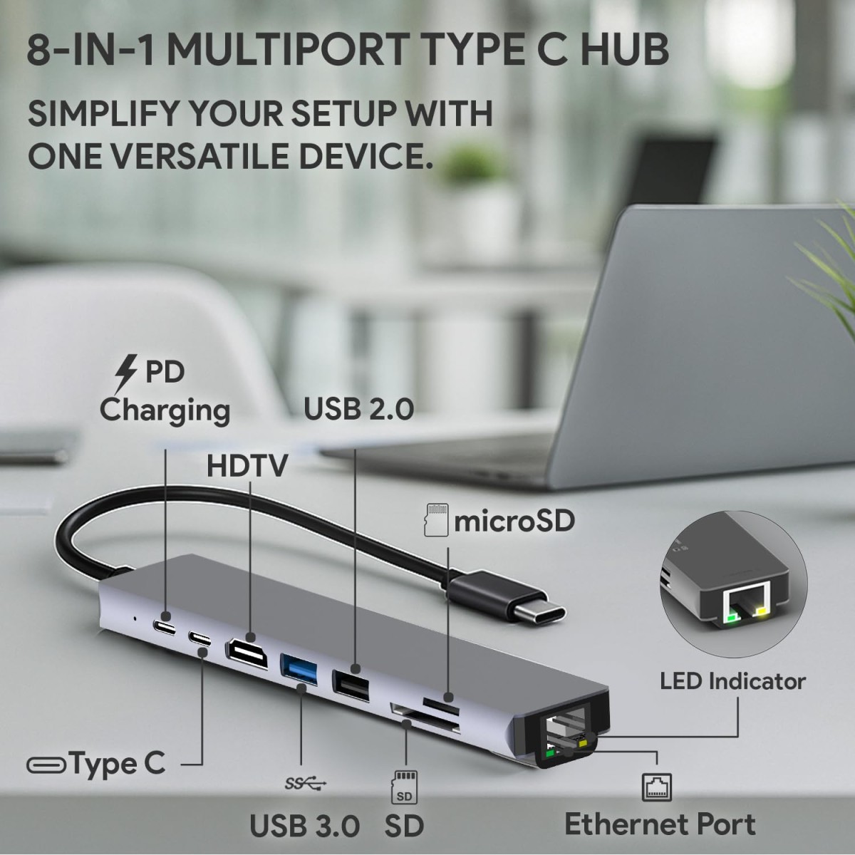 Amkette 8-in-1 Type C Hub/Docking Station with 100W Power Delivery&USB C Data Transfer Multiport Adapter with 4K HDMI,USB 3.0,100 MBPS Ethernet,SD/TF Card Reader,for All Type C Devices-MacBook,Laptops