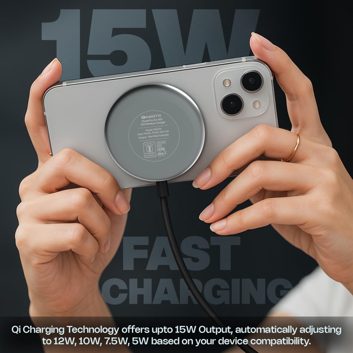 Amkette Air 450 Wireless Charger/Magsafe Charger | Latest Qi Technology 15W Wireless Charging with MagSafe Compatibility