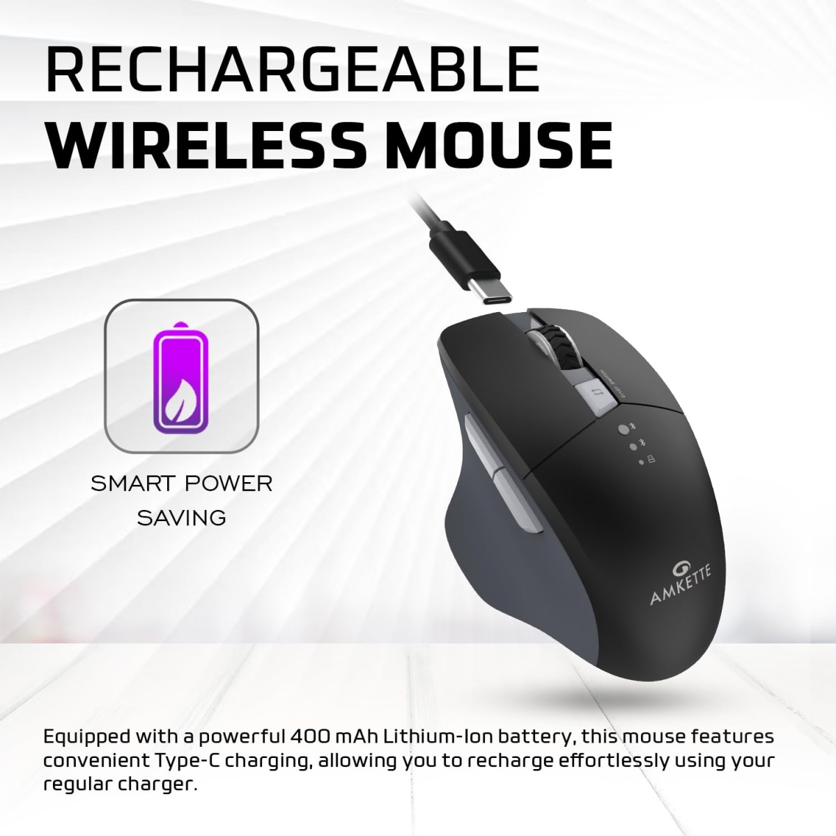 Amkette Hush Pro Epic M Rechargeable Wireless Mouse/Bluetooth Mouse | 3 Device Connectivity (2xBT&2.4G) with Top Mounted Device Switch Button, Silent Switches, Ergonomic Design, Upto 3200 DPI (Black)