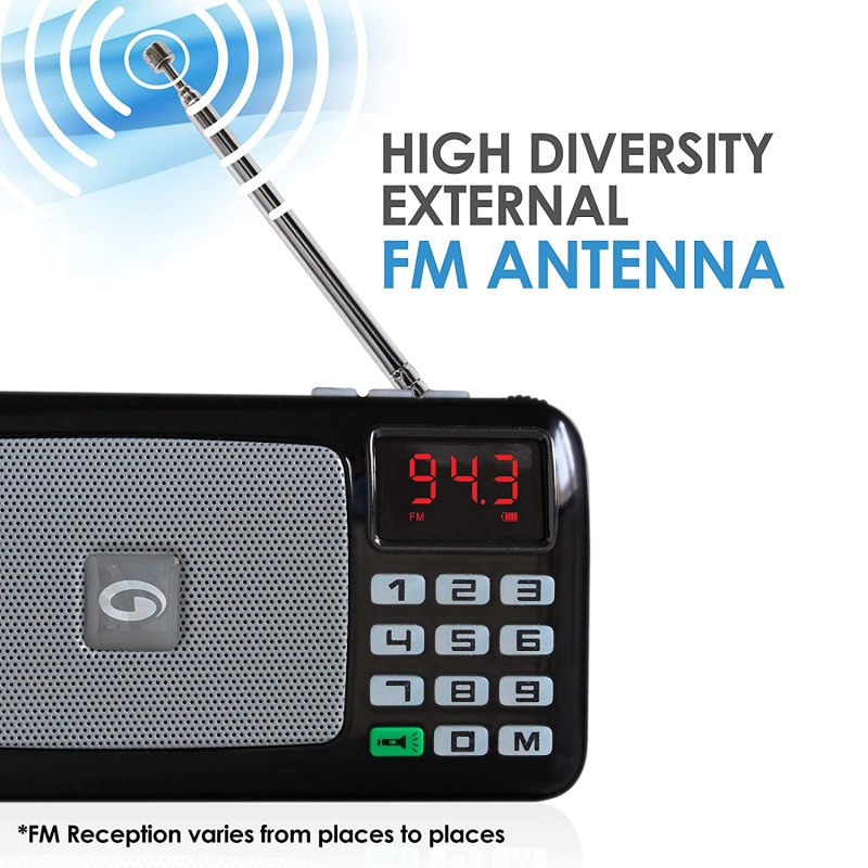 Amkette Pocket FM Portable Multimedia Speaker with USB, SD Card, Clock, and Powerful Torch