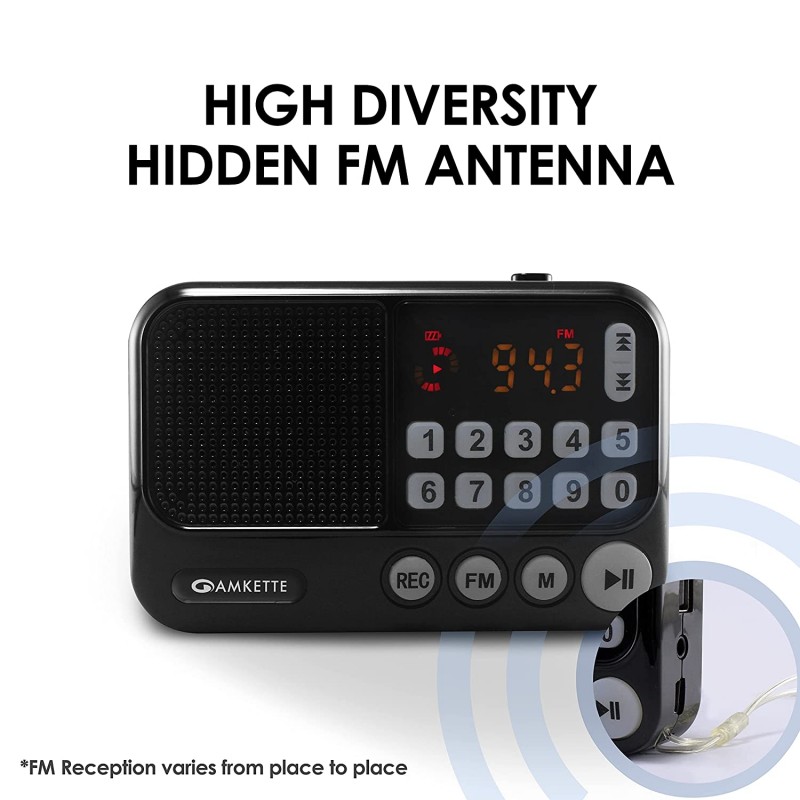 Amkette Pocket FM Portable Multimedia Speaker with USB, SD Card, Clock, and Powerful Torch