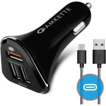 Amkette PowerPro 3 Port, 33 Watts Fast Car Charger with Free Type C Braided Cable | QC 3.0 | Supports Type C, Micro USB and iOS Devices | SmartFlux Technology | 1 Year Warranty | Black Amkette PowerPro 3 Port, 33 Watts Fast Car Charger with Free Type C Braided Cable | QC 3.0 | Supports Type C, Micro USB and iOS Devices | SmartFlux Technology | 1 Year Warranty | Black