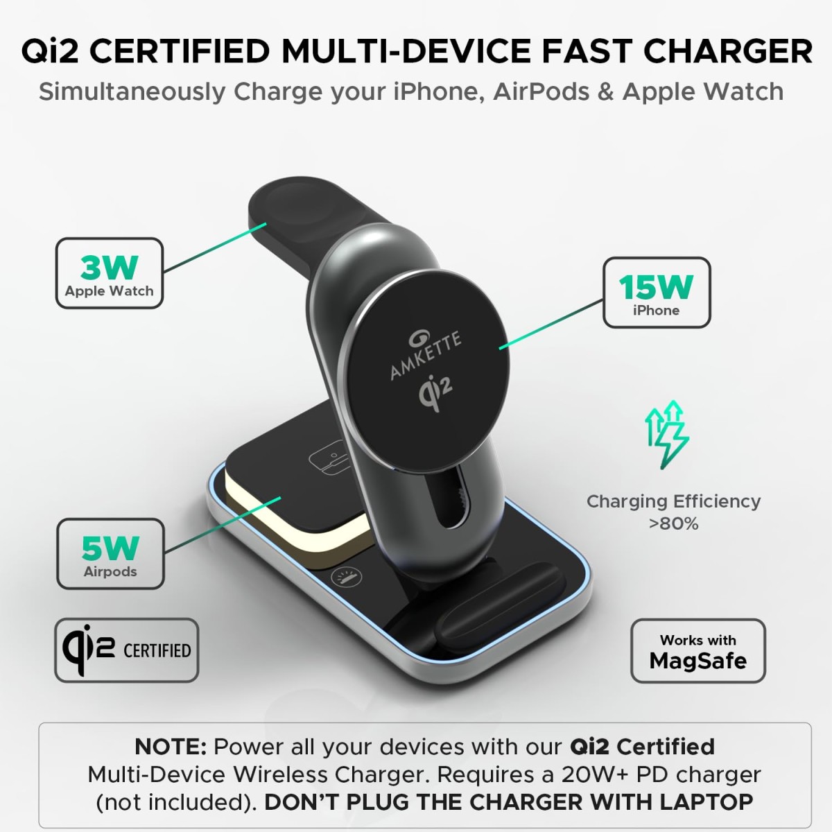 Amkette PowerPro Air 920, 3-in-1 Qi2 Certified 23W Magsafe Wireless Charger