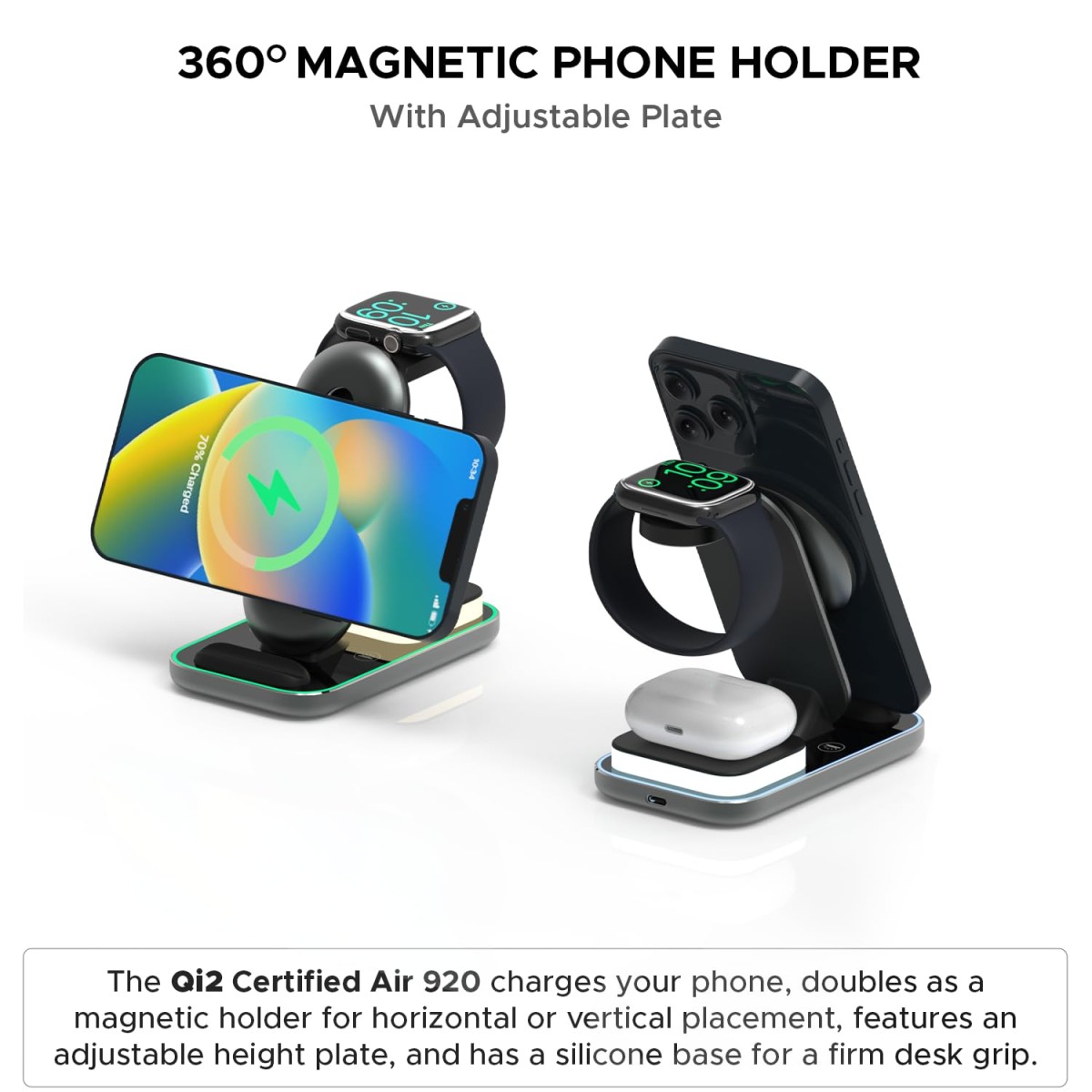 Amkette PowerPro Air 920, 3-in-1 Qi2 Certified 23W Magsafe Wireless Charger