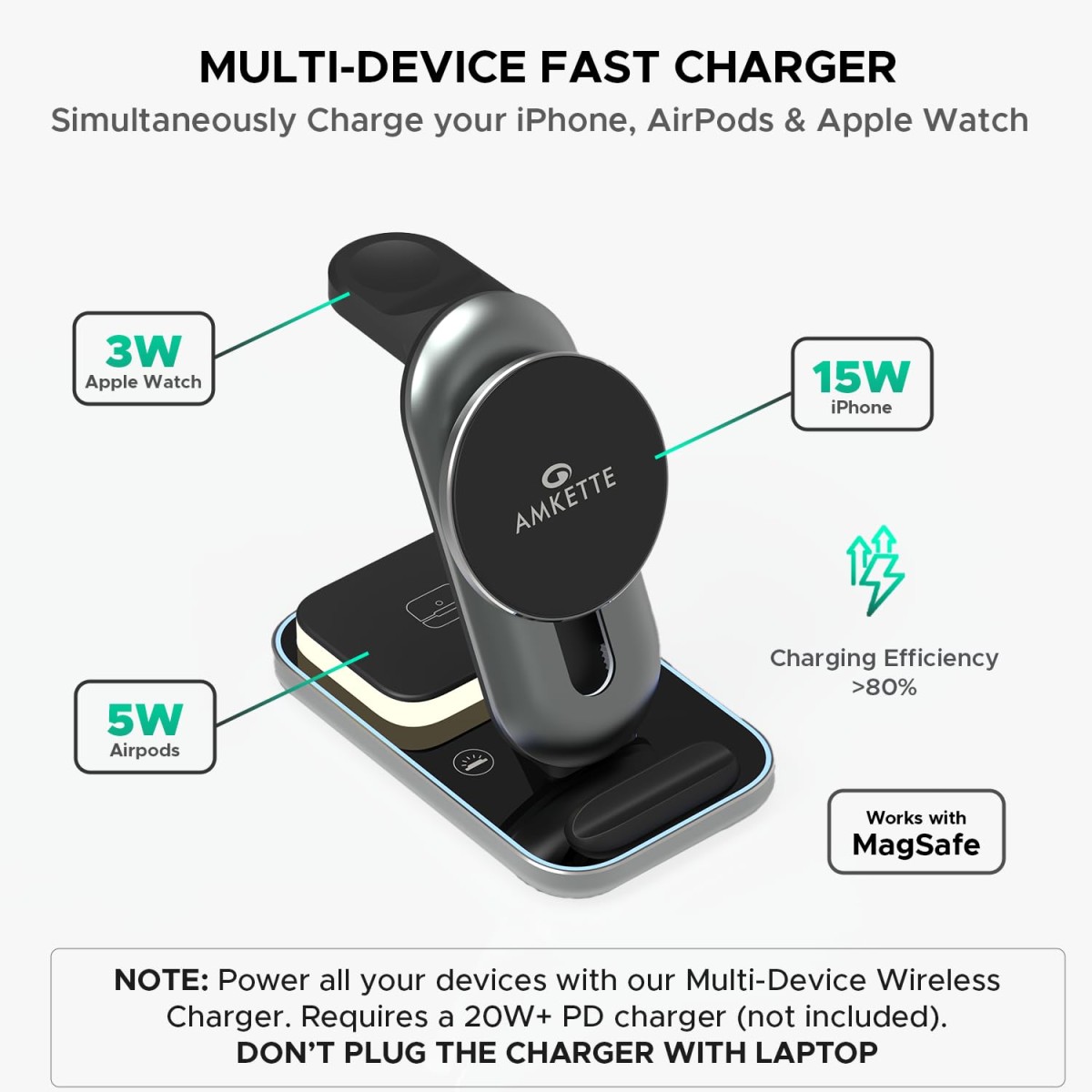 Amkette PowerPro Air 920, 3-in-1 Qi2 Certified 23W Magsafe Wireless Charger