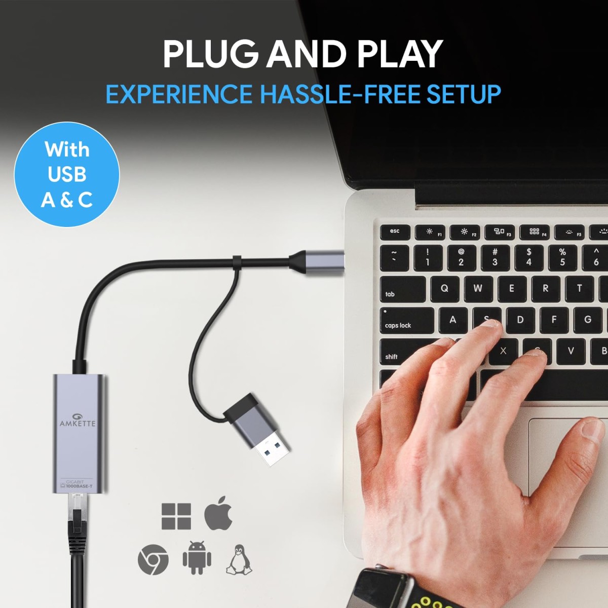 Amkette Super-Speed USB 3.0 + Type-C to RJ45 Gigabit Ethernet Adapter I 10/100/1000 MBPS Network LAN Speed I for Laptop, Desktop, Gaming Console,Chromebook and Macbook I Plug & Play I Fully Metal Body