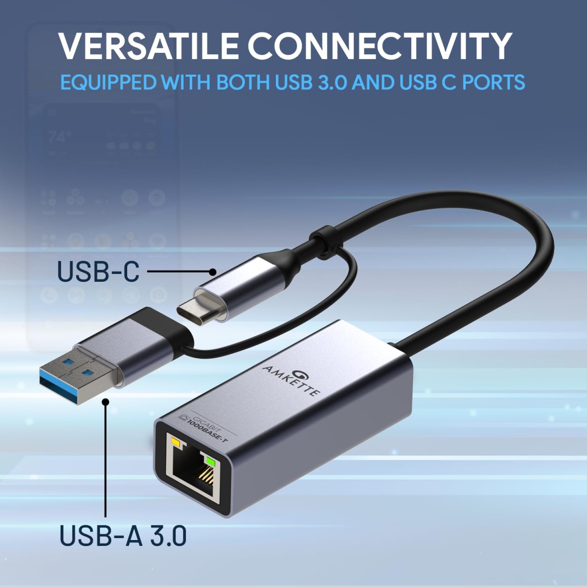 Amkette Super-Speed USB 3.0 + Type-C to RJ45 Gigabit Ethernet Adapter I 10/100/1000 MBPS Network LAN Speed I for Laptop, Desktop, Gaming Console,Chromebook and Macbook I Plug & Play I Fully Metal Body