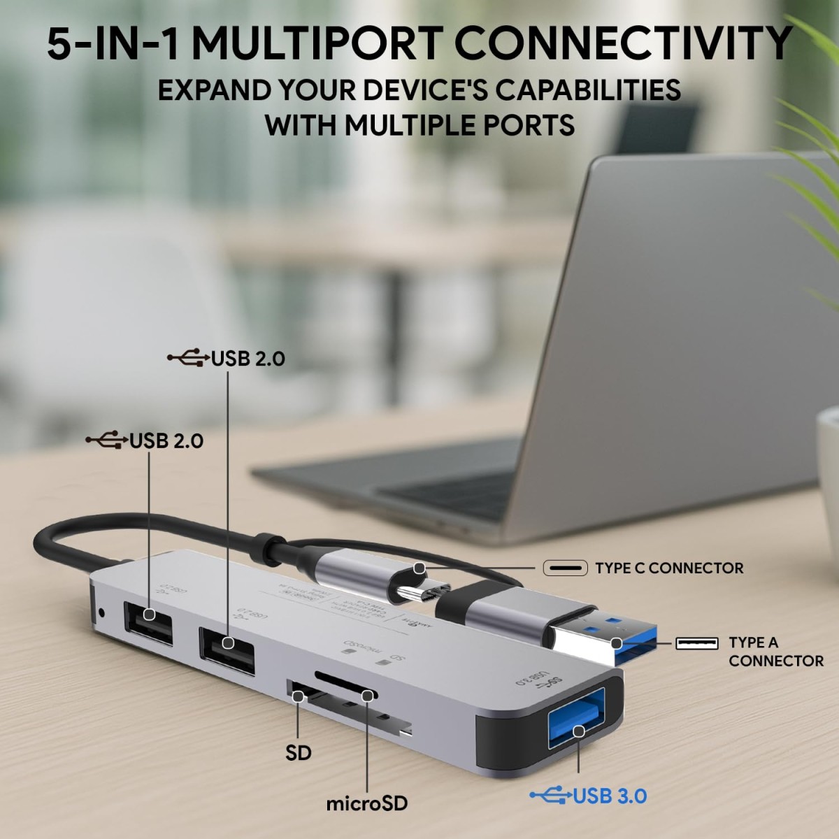 Amkette Type A+C 5 in 1 USB Hub 3.0, Upto 5GBPS DataTransfer Speed,Dedicated Card Reader&Micro SD Slot, Universally Compatible