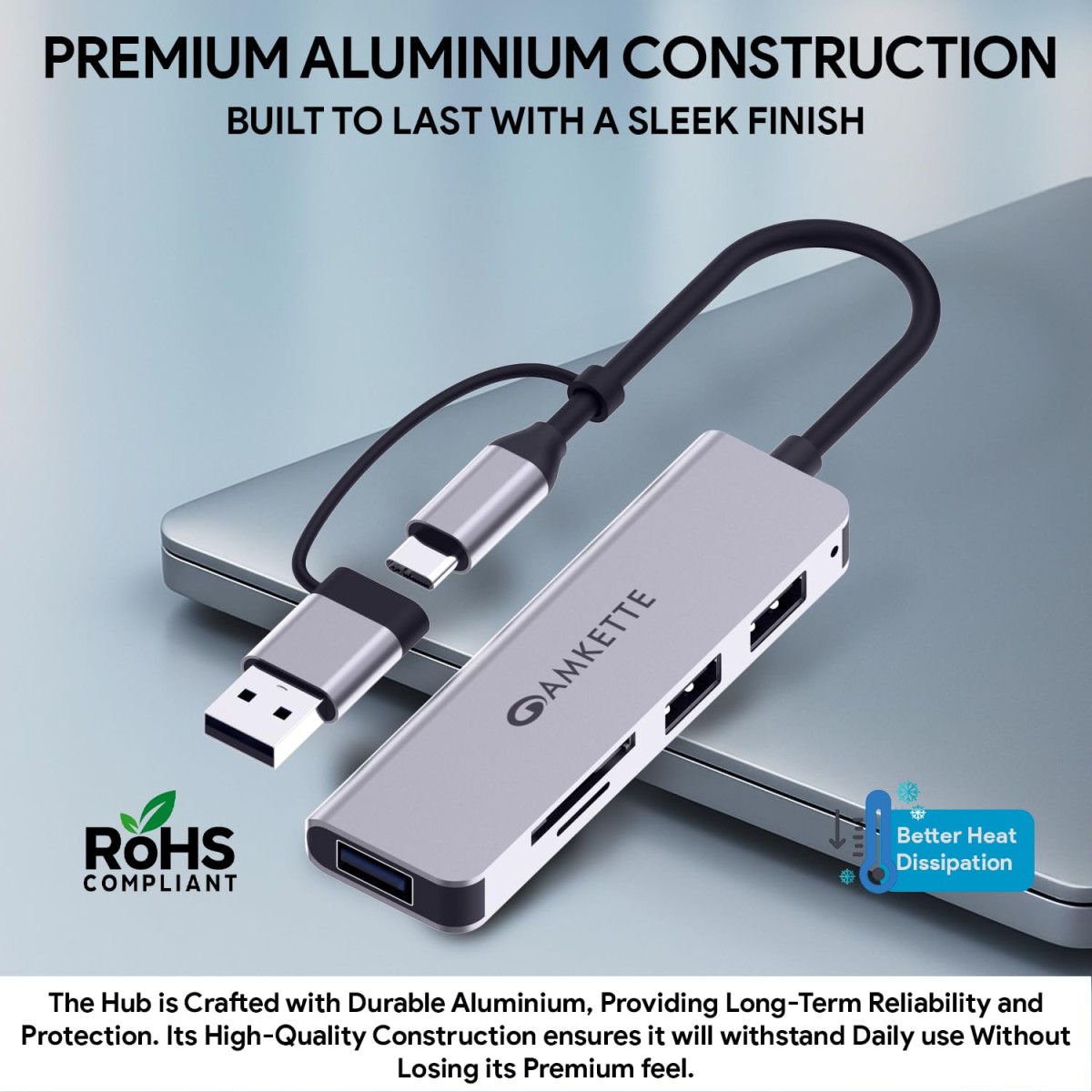 Amkette Type A+C 5 in 1 USB Hub 3.0, Upto 5GBPS DataTransfer Speed,Dedicated Card Reader&Micro SD Slot, Universally Compatible