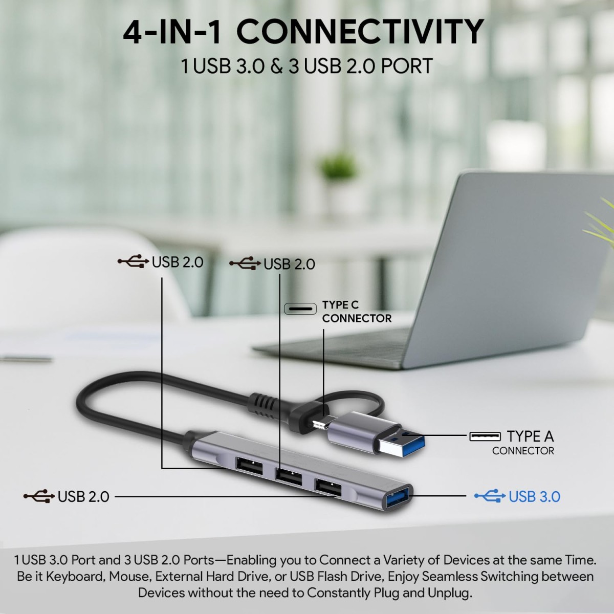 Amkette Type C Hub, Type-A+C to 4 Port With 5 Gbps Superspeed Data Transmission,1*USB 3.0 Ports,3*USB 2.0 Port,Sleek Metal Design usb c hub For Laptop (Grey)
