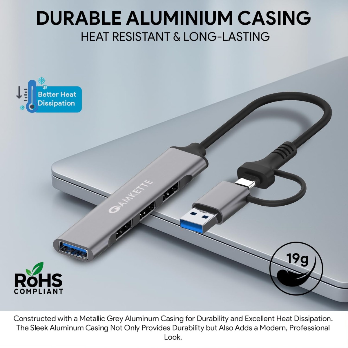 Amkette Type C Hub, Type-A+C to 4 Port With 5 Gbps Superspeed Data Transmission,1*USB 3.0 Ports,3*USB 2.0 Port,Sleek Metal Design usb c hub For Laptop (Grey)