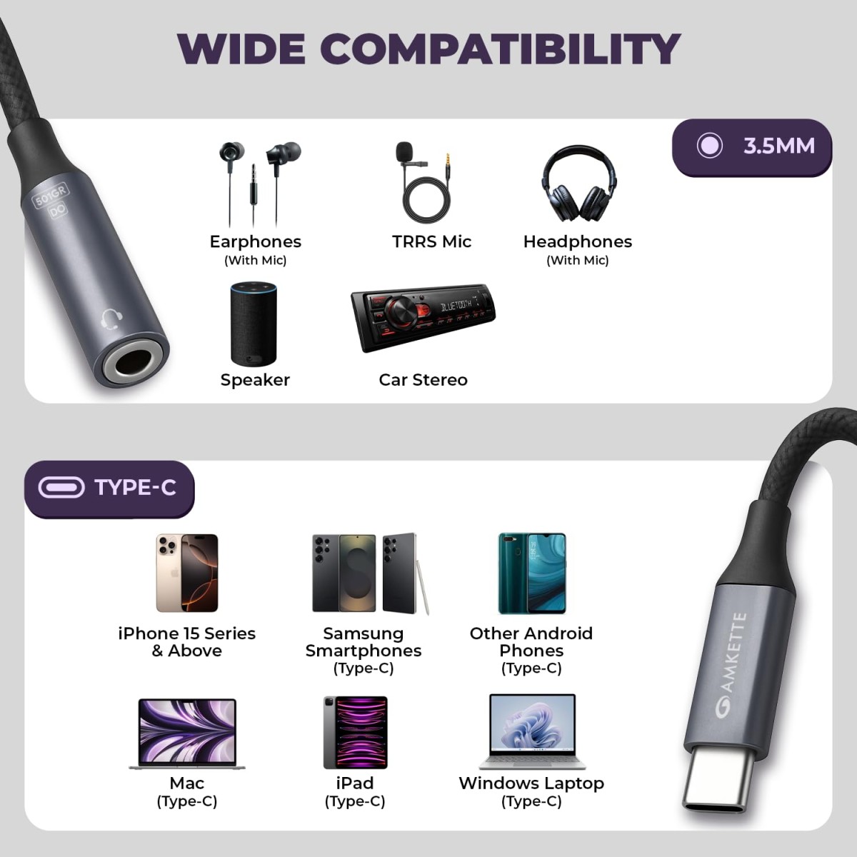 Amkette Type C to 3.5mm Audio Jack Connector | DAC Chipset | Kevlar Braided Cable