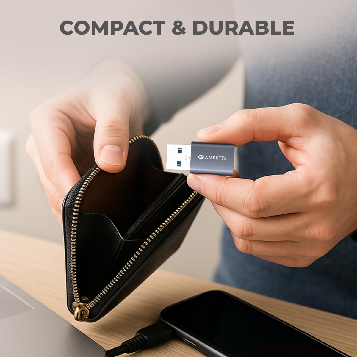 Amkette USB 3.0 Type-C Female to USB-A Male OTG Adapter 5Gbps High-Speed Data Transfer 15W Fast Charging Compact, Portable & Durable Aluminum Alloy