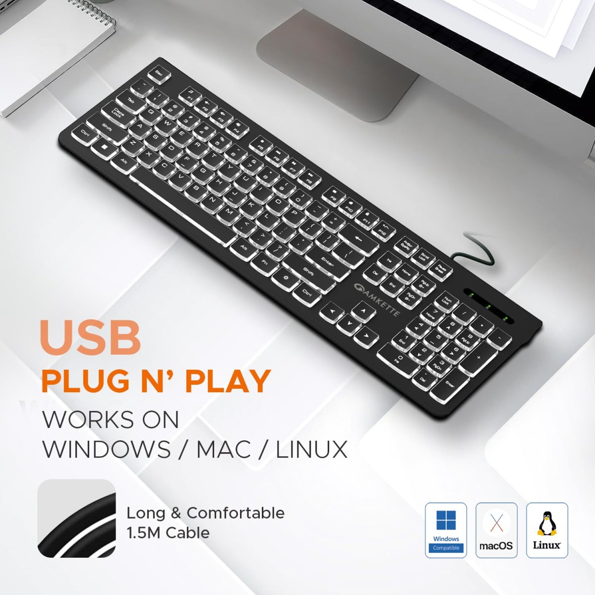 Amkette Wi-Key Backlit Wired Keyboard | White Backlit with Brightness Control | Laser-Etched Keys | 12 Multi-Media Keys | Plug and Play USB Connection | Compatible with PC/Mac/Laptop | 1 Year Warranty Amkette Wi-Key Backlit Wired Keyboard | White Backlit with Brightness Control | Laser-Etched Keys | 12 Multi-Media Keys | Plug and Play USB Connection | Compatible with PC/Mac/Laptop | 1 Year Warranty