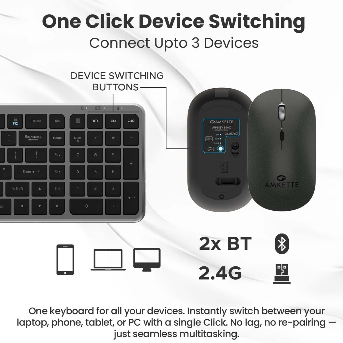 Amkette Wi-Key Max Multi Device (3 in 1) Rechargeable Wireless Keyboard Mouse Combo | One Click Device Switching and AI Access for iOS, Windows, Android| Scissor Keys, Dual OS Layout | 3200 DPI