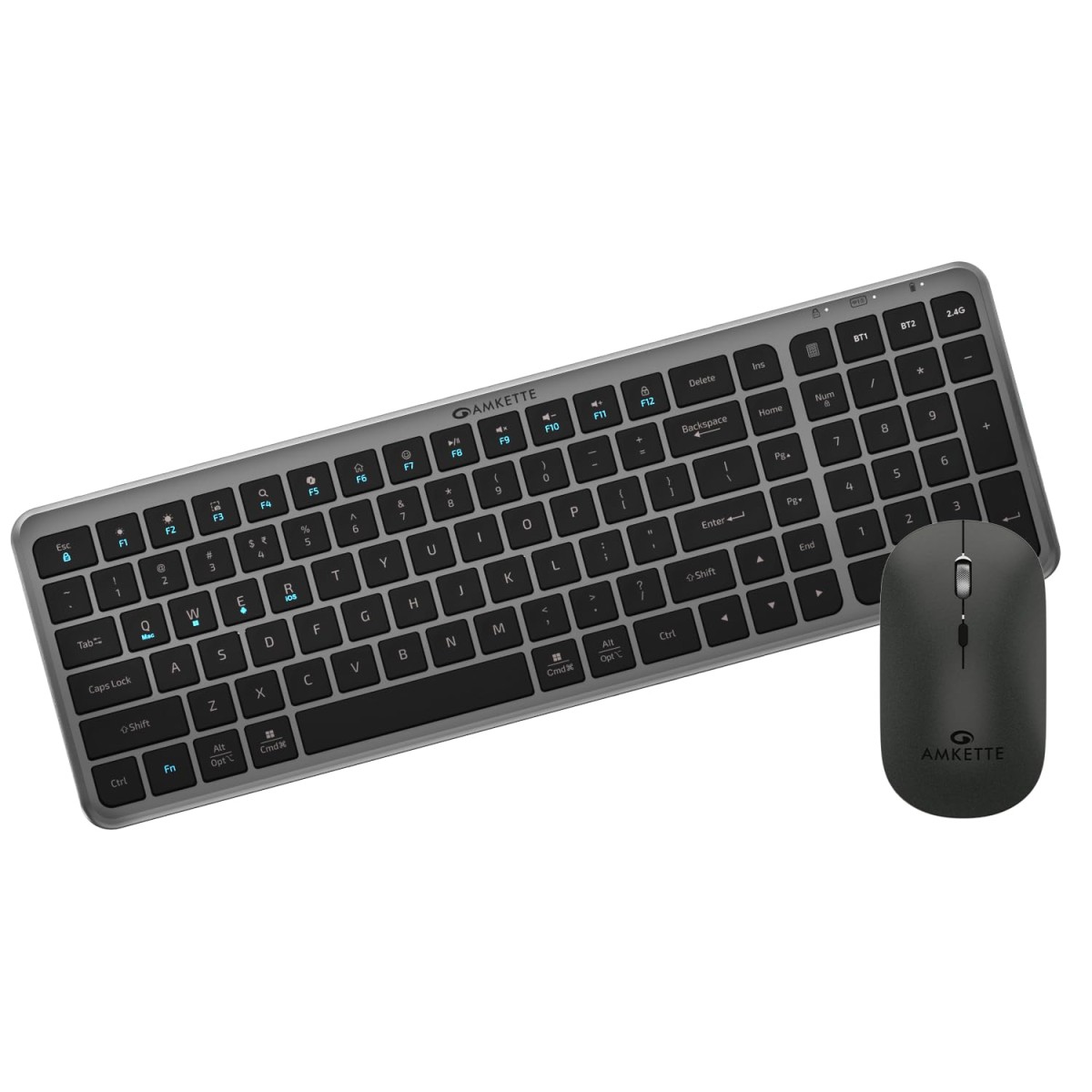 Amkette Wi-Key Max Multi Device (3 in 1) Rechargeable Wireless Keyboard Mouse Combo | One Click Device Switching and AI Access for iOS, Windows, Android| Scissor Keys, Dual OS Layout | 3200 DPI