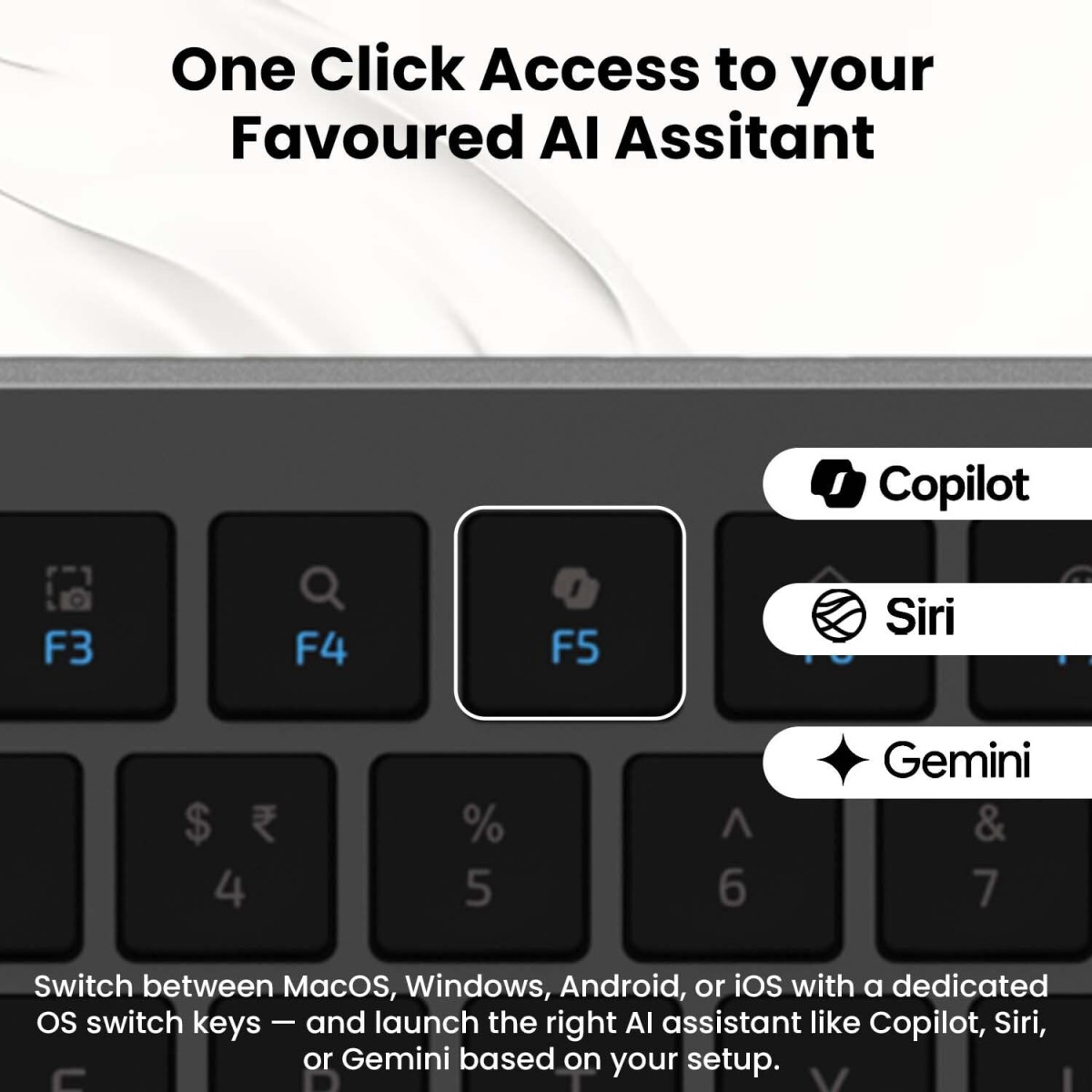 Amkette Wi-Key Max Multi Device (3 in 1) Rechargeable Wireless Keyboard Mouse Combo | One Click Device Switching and AI Access for iOS, Windows, Android| Scissor Keys, Dual OS Layout | 3200 DPI