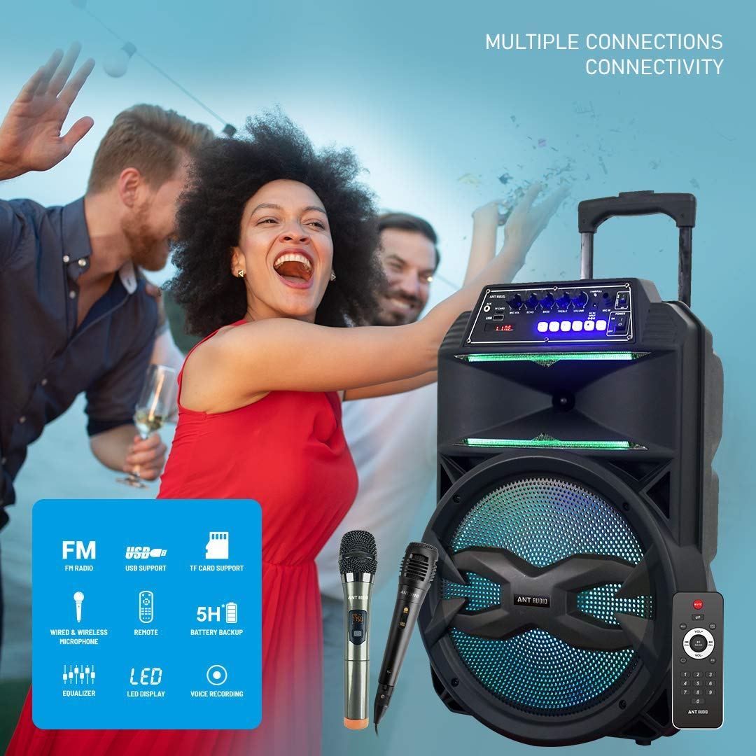 Ant Audio Rock 1000 Trolley Party Speaker with Karaoke with FM Radio, Micro SD Card, USB, Wired & Wireless Mic Subwoofer