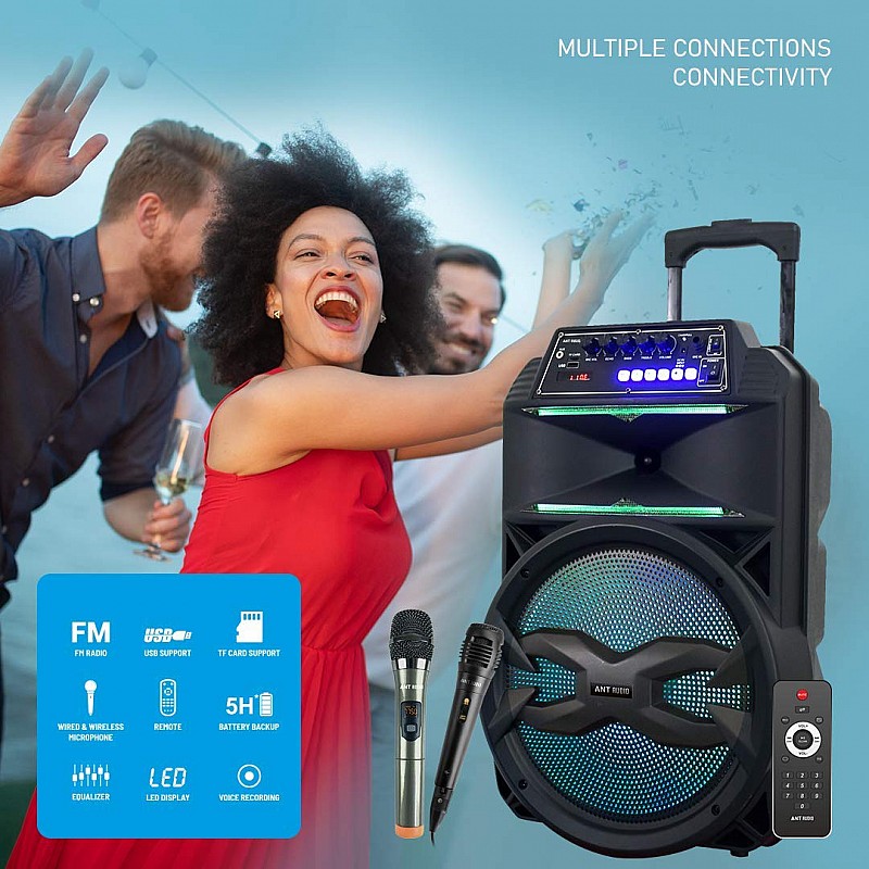 Ant Audio Rock 1000 Trolley Party Speaker with Karaoke with FM Radio, Micro SD Card, USB, Wired & Wireless Mic Subwoofer